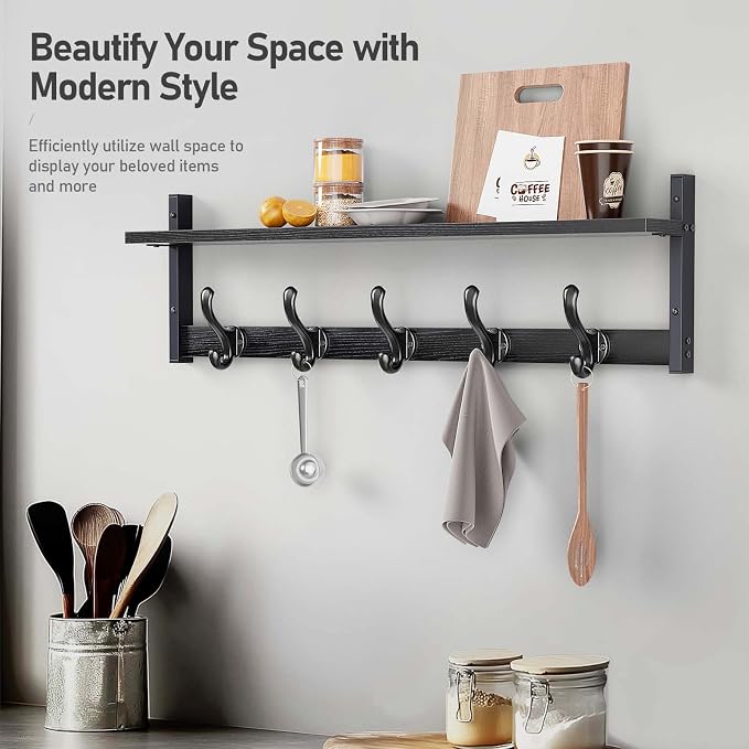 Tatub 29" Rustic Coat Rack Wall Mount with Shelf, Entryway Wall Hooks with Shelf, Coat Hangers for Bathroom, Living Room, Bedroom, Black