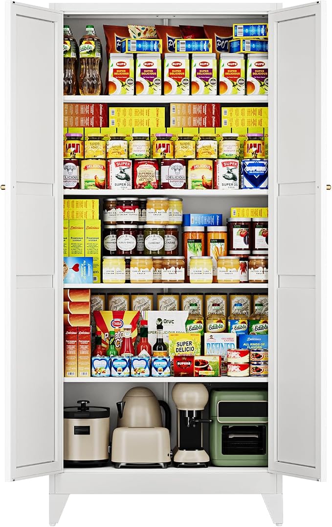 Letaya 75" H Metal Storage Cabinet with 2 Doors and 4 Shelves,Tall Kitchen Pantry Cabinets,Farmhouse Utility Pantry Organizers for Cupboard/Dining/Bathroom/Home Office/Garage Room,White
