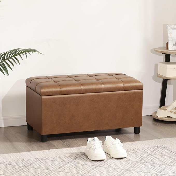 Storage Ottoman Bench,Faux Leather Upholstered Ottoman with Storage,End of Bed Bench with Safety Hinge,for Entryway,Bedroom,Living Room
