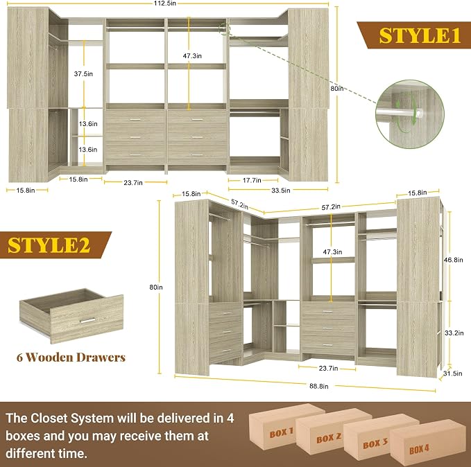 Aheaplus Closet System with 6 Drawers, 6 Hanging Rods & Corner Tower, Corner Closet System with Hanging, 112.5" U-Shaped Walk-In Wardrobe Organizer, 2000+ lbs Capacity, Set of 4, White Oak