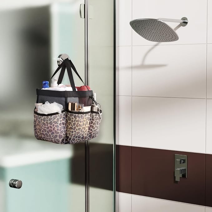 Mesh Shower Caddy Portable - 2 Packs, S-Hook, Shower Bag for Dorm Camping | 8 Pockets, 2-Handle, Quick-Dry, Hanging College Dorm Room Essentials for Girls, Gym, Travel & Bathroom, Black & Leopard