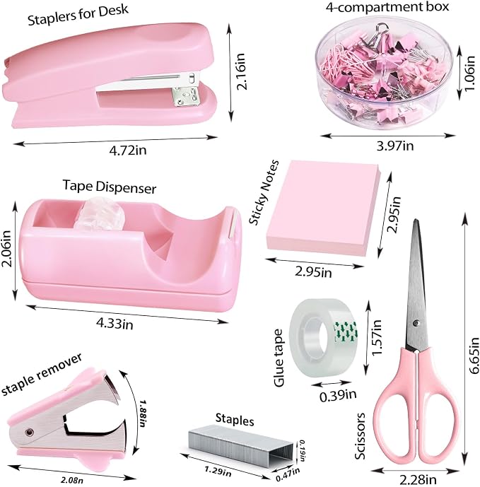 Pink Office Desk Accessories Set with Stapler, Tape Dispenser & Organizer | Pink Office Supplies Set with Stapler, Tape Dispenser, Scissors, Clips and More for Organized Workspace