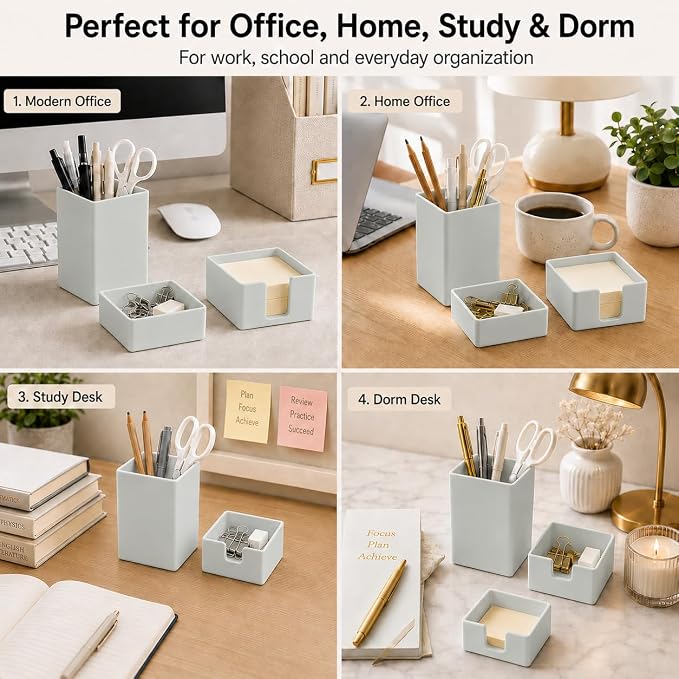 minimaliving Aesthetic Silicone Desk Organizer Set of 3,Modern Office Desk Accessories with Pen Holder,Paperclip Tray,Sticky Note Holder,Stylish Functional Office Desk Decor for Back-to-school(Grey)