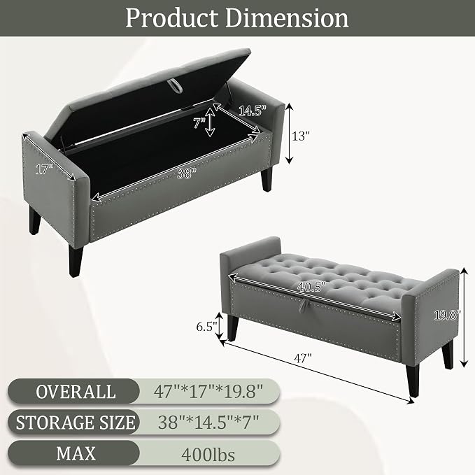47in Velvet Storage Ottoman Bench with Arms, Upholstered Storage Bench with Wooden Legs, Storage Bench for Bedroom, Living Room, Dark Grey