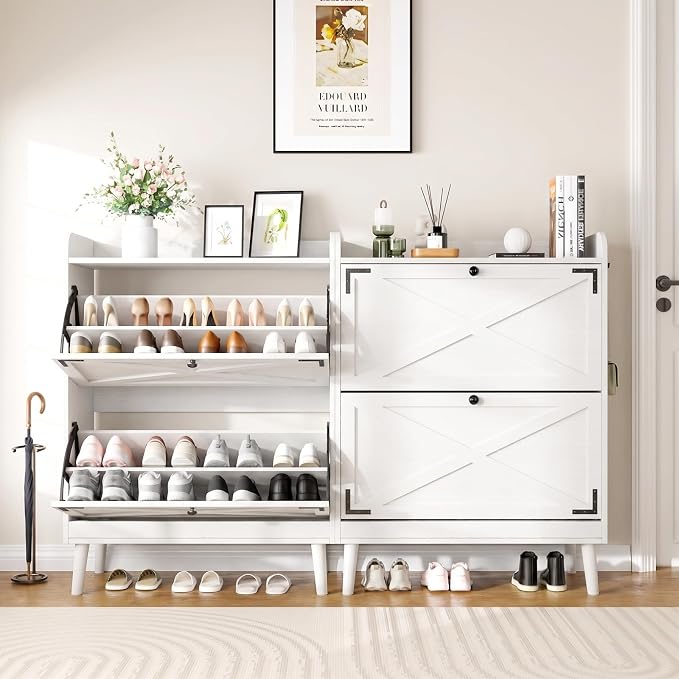 YZ HOME Shoe Storage Cabinet with 2 Flip Drawers | Entryway Shoe Cabinet, Metal Hooks & Adjustable Shelves, Freestanding Narrow Shoe Rack for Hallway Foyer, White