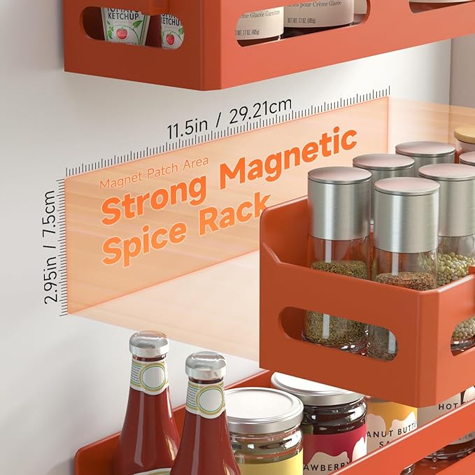 Sevenblue 4-Pack Magnetic Spice Rack for Refrigerator with Hooks, Orange | Strong multipurpose magnetic shelf for kitchen & bathroom organization. Includes 4 removable hooks for hanging items.