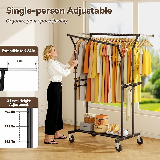 800LBS Heavy Duty Clothes Rack: Rolling Clothing Rack for Hanging Coat Double Rods Portable Wardrobe Garment Racks with Wheels Shelf Sturdy Metal Adjustable Bedroom Laundry Living Room (Brown)