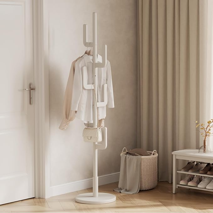 Solid Wood Cactus Coat Rack, Freestanding Coat Rack With 6 L-Shaped Hooks and 3 Adjustable Sizes, Coat Tree for Bedroom, Entryway, Livingroom, Coat Hanger Stand for Coats, Handbags (White)