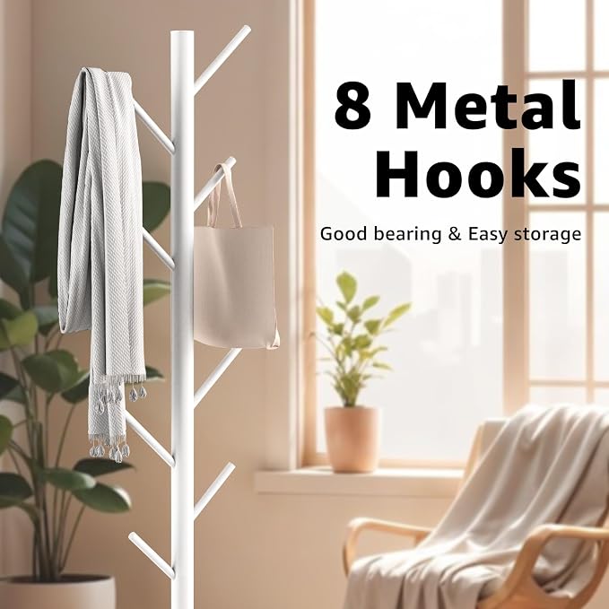 HzTinT Coat Rack with Natural Marble Base, 3 Adjustable Height Coat Tree | with 8 Metal Hooks, Holds Coats, Bags & Hats, For Entryway, Bedroom and Office, White