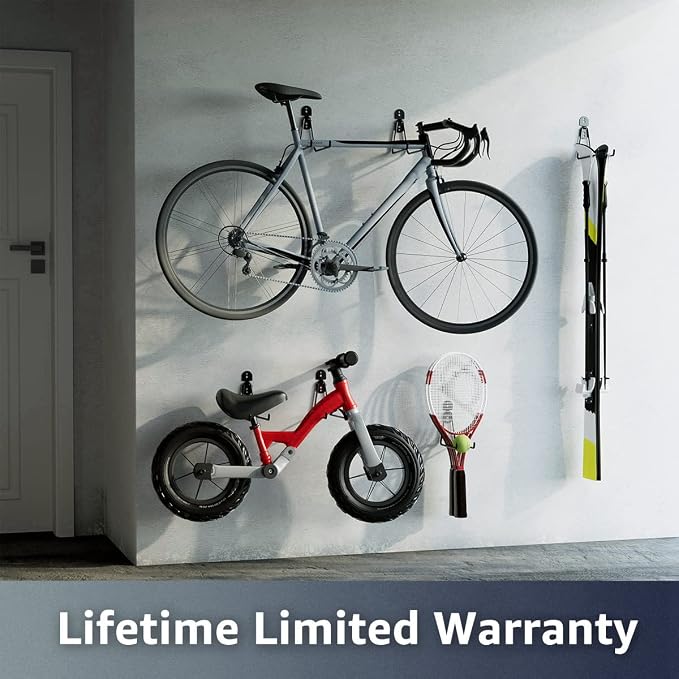 COCOYA Garage Hooks 11.8" Long with 2 Extension Storage Straps (4 Pack) | Interlocking Design, Wave-Shaped, Heavy Duty, Hanging Ladder Shovel Bike Garden Tool, For Shed Yard Garage, Black