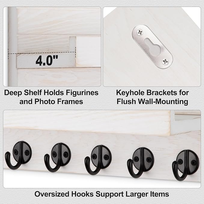 Lwenki Key Holder Wall Mount, Entryway Key and Mail Holder with 7 Sturdy Hooks for Sunglasses, Dog Leash, Decorative Wall Shelf with Mounting Hardware, 15”W x 6.7”H x 4.2”D