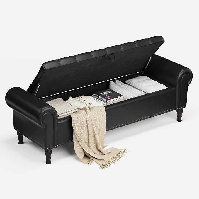 YOUDENOVA 60” Ottoman with Storage, Upholstered Storage Ottoman Bench with Rolled Arms, PU Leather Storage Bench for Bedroom, Living Room, Entryway, Black