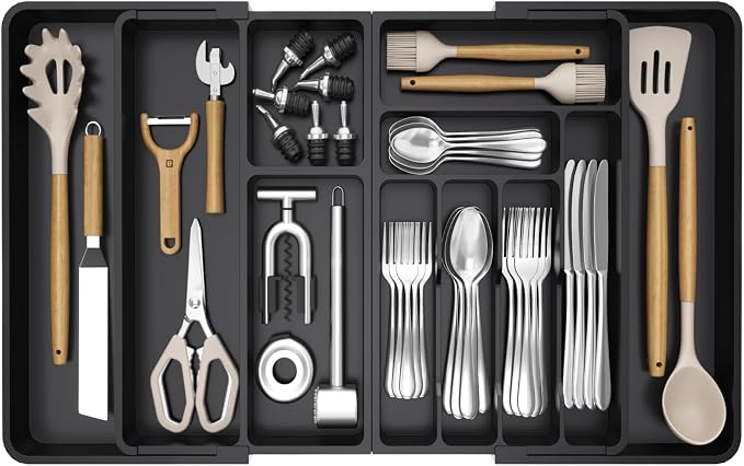 Lifewit Utensil Organizer for Kitchen Drawer, Expandable Cooking Tray | Adjustable Cutlery Flatware Holder, Plastic Silverware Spatula Tools Storage Divider, 21.3- 36 x 16.9", Black