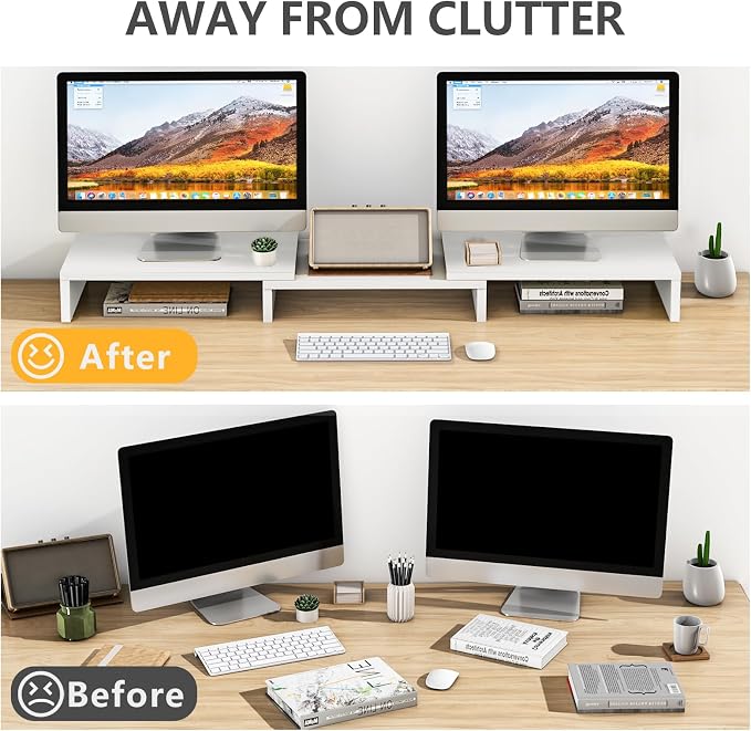 TAVR Dual Monitor Stand Riser, Wooden Computer Monitor Stand for 2 Monitors | Extra Long Multifunctional Desktop Organizer Riser for TV, PC Monitor, Laptop, Printer, Max 43.3" Length, White