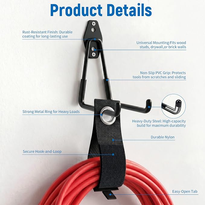 Garage Hooks Heavy Duty, 4 Pack Large 7.5 Inch Ladder Hooks Black | Steel Garage Storage Hooks, For Hanging Bikes, Tools, Chairs, Hoses, Ropes and Other Bulk Items, With Anti-Slip Coating