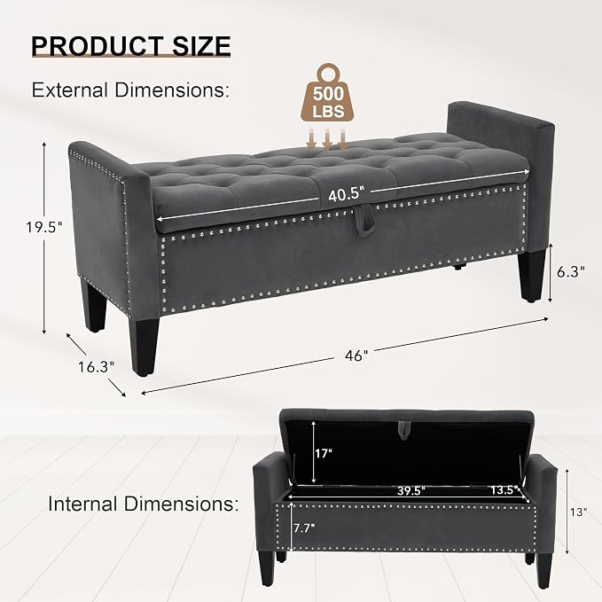 Velvet Ottoman with Storage, 46'' Upholstered Button Tufted End of Bed Bench with Arms, Modern Storage Bench for Living Room, Bedroom, Entryway, Dark Grey