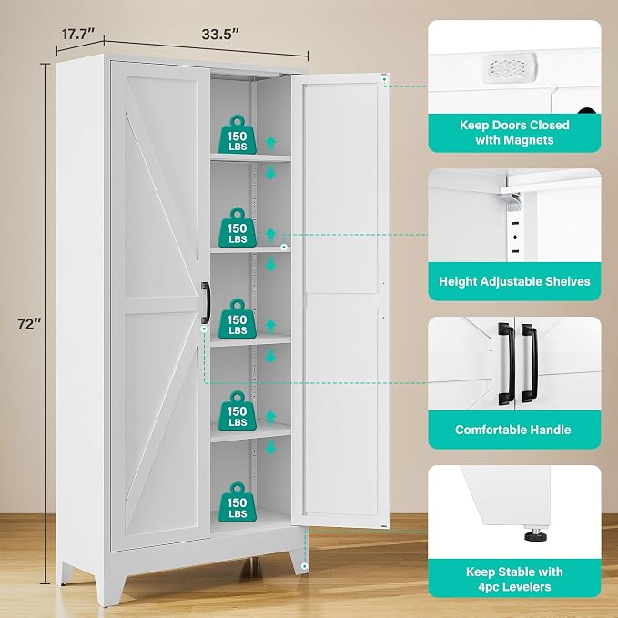 SISESOL Wide & Deep Pantry Storage Cabinet with 2 Doors and 5 Shelves,72" Tall Farmhouse Storage Cabinet,Large Cupboard Closet,White Cabinets for Home,Kitchen,Bathroom,Dining/Living Room
