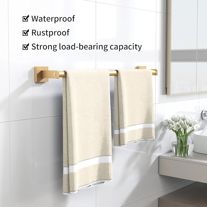 MKO Towel Bar for Bathroom, 24" 2 Pack Wall Mounted Towel Rack, Gold | Hand Towel Holder Rod with Heavy-Duty Metal for Bathroom Kitchen Hanger, 2 Pack Value
