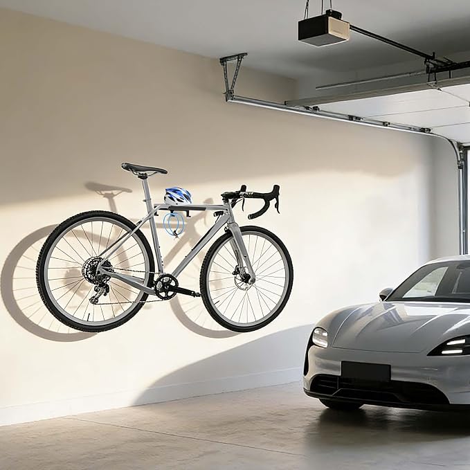 Bike Wall Mount - Horizontal Indoor Bike Rack for Garage Storage | Space Saving Wall Bike Hanger Mount with Holds a Helmet and Shoes, for Road, Mountain and Hybrid Bikes in Garage
