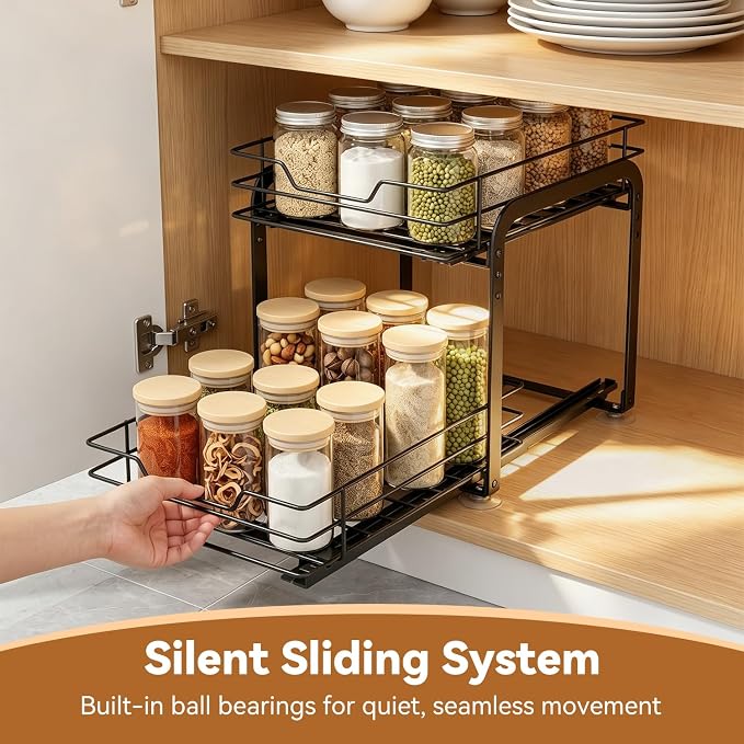 Spice Rack Organizer for Kitchen, Pull Out Spice Racks for Inside Cabinets, 2 Tier Spice Shelf Organization for Cabinet Seasoning, No Drilling Install for Home Kitchen Space Saving, 1 Pack