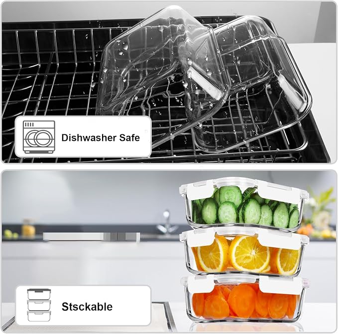 VERONES 5 PACK 36 OZ Glass Meal Prep Containers Set with Lids, White | Airtight Glass Lunch Containers Set, Food Storage Containers with Lids, for Microwave, Oven, Freezer & Dishwasher Friendly