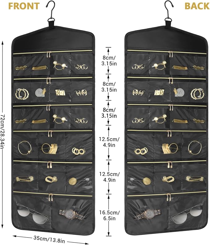 CHICECO Hanging Jewelry Organizer With Zippered Pockets,40 Pockets Travel Jewelry Organizer Storage for Cloest,Wall,Door