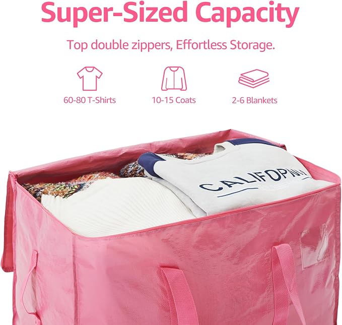 Moving Bags Heavy Duty Extra Large, Moving Boxes, Moving Supplies Essentials,Storage Bins with Lids, Plastic Packing Totes, Storage Bags for Clothes with Handles & Zippers(Pink, 6 Pack)