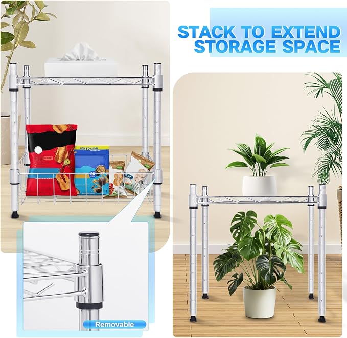 Whitmor 2 Tier Metal Storage Shelves, Heavy Duty Shelf with Basket, 350 lbs Capacity per Shelf, 700 lbs Total, Home Organizer for Kitchen, Garage, Bathroom, 15" L x 14" W x 15" H, Chrome