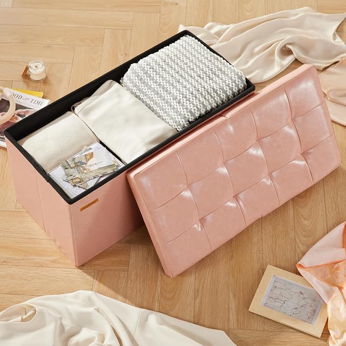 HAUSFRAU Ottoman with Storage Bench Folding Foot Rest Stool Pink | 30", Flip Lid, Faux Leather, Upholstered Foldable Footrest Footstool, Bedroom Bench, Living Room Dorm Ottoman, Rectangle