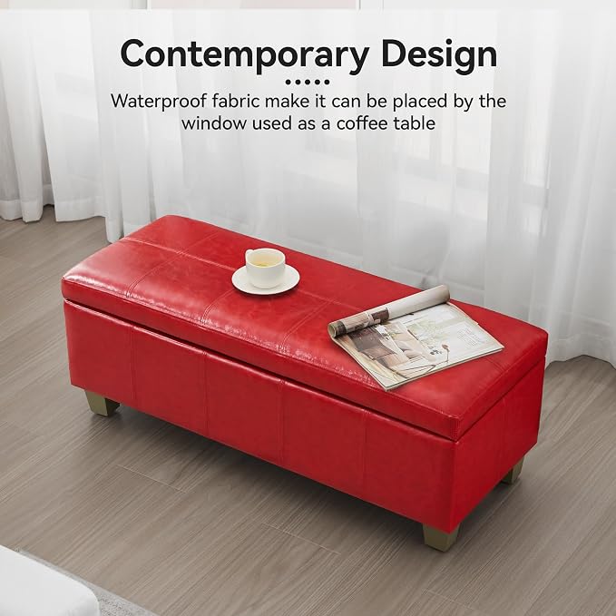 WUTUTUEE 41" Faux Leather Storage Ottoman, Stitch Tufted Rectangle Upholstered End of Bed Storage Bench, Entryway Large Couch Ottoman with Wooden Legs,Red
