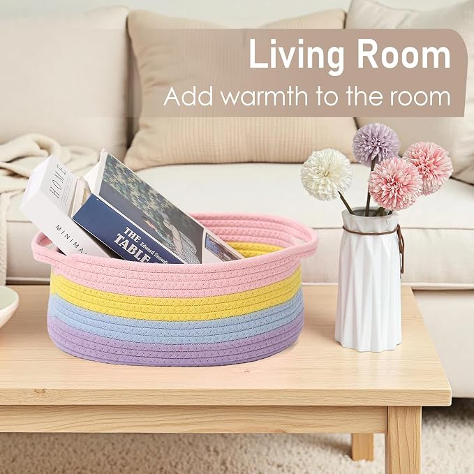JMvicyroam Small Woven Basket, Empty Gift Basket, Rainbow/2 Pack | Small Gift Basket, Cotton Rope, 12 x 8 x 52 in, Handles, Includes Ribbon and Bag, Birthday Gift Basket