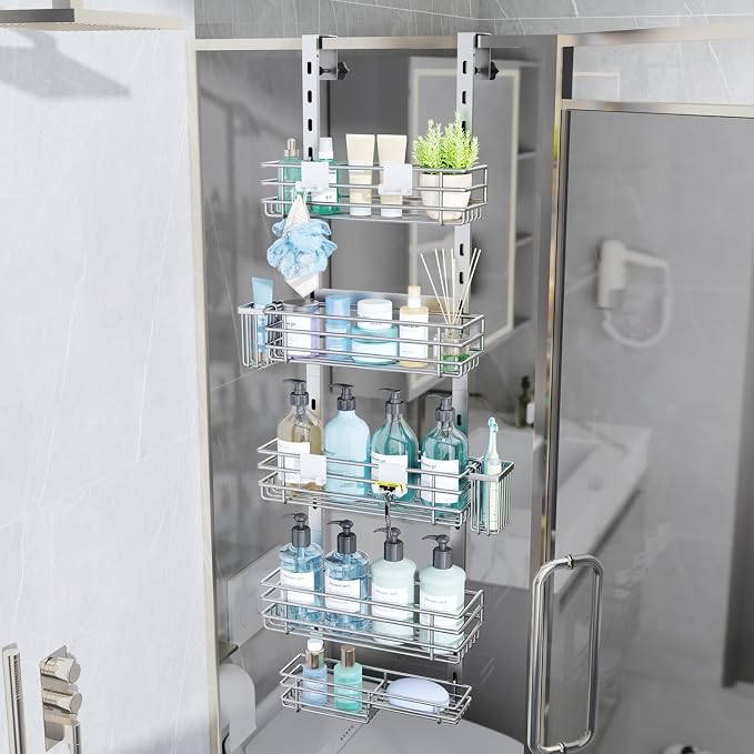 Consumest Over The Door Shower Caddy - 5 Tier Adjustable Shower Organizer Hanging with 2 Toothbrush Holders & 4 Hooks, Rustproof Organizer Shelf, Storage Rack for Bathroom, Silver