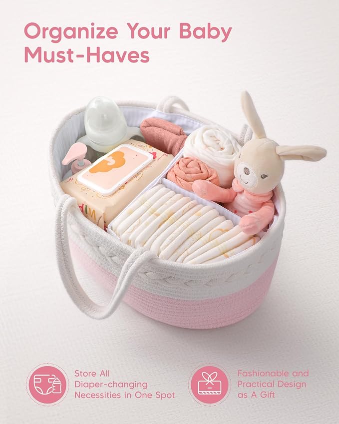 Maliton Diaper Caddy for Baby Girl-Cotton Rope Diaper Caddy, Diaper Organizer for Changing Table, Portable Baby Basket for Storage Baby Stuff, Newborn boy girl baby essentials Registry Items