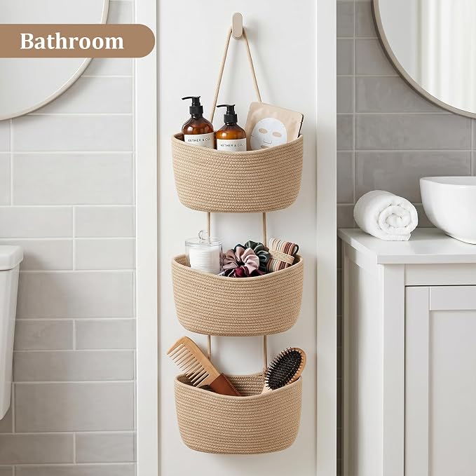 TeoKJ Over the Door Hanging Basket, 3-Tier Woven Cotton Wall-Mounted Storage Organizer Bag Decorative Hanging Nursery Baskets, Jute
