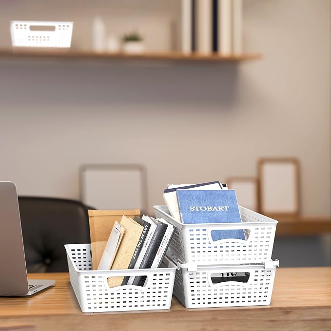 Simple Houseware Stackable Plastic Woven Basket Organizer, 6 Pack, White | 14.5" D x 8.5" W x 3.5" H