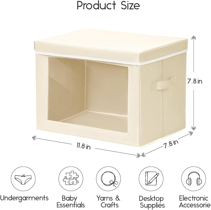 Homsorout Storage Bins with Lids - Small Fabric Organizers with Window, Collapsible Storage Bins for Clothes, Decorative Closet Organizers for Towels, Tshirt, 3 Pack, Beige