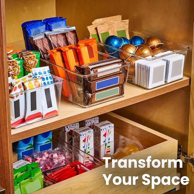Oizeir Clear Pantry Organizer Bins 4-Pack - Fridge Organizer with 3 Removable Dividers - Kitchen Pantry Organizers & Storage - Storage Cabinet Snack