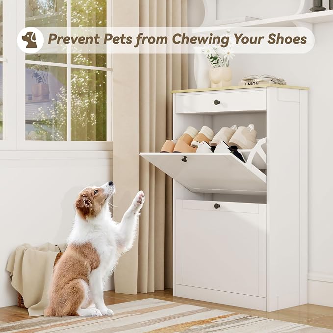 Shoe Storage Entryway with 2 Flip Drawers, Narrow Wooden Shoe Cabinet | Pet-Proof Hidden Shoe Organizer, Narrow Shoe Rack, Adjustable Dividers, Hold 8-10 Pairs, for Entryway Living Room