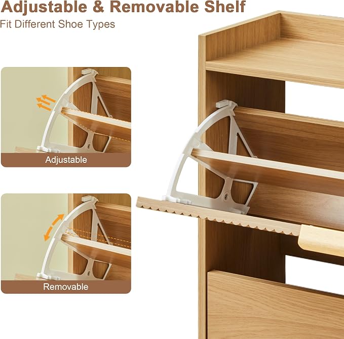 BERRYMERRY 30" Narrow Shoe Storage Cabinet with 2 Flip Drawers Natural | narrow,entryway,20 pairs shoe,shoe organize,hidden shoe rack,fluted panel,wave pattern,wood,space saving