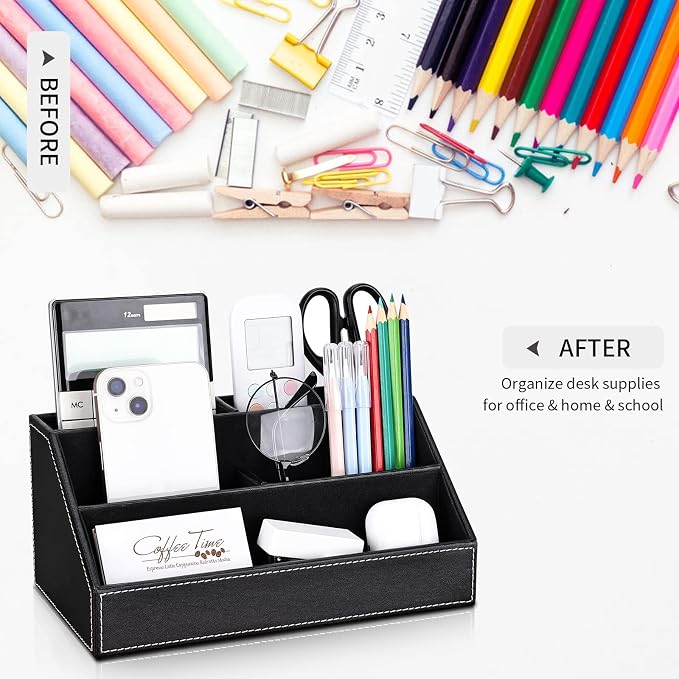 KINGFOM 5PCS Desk Organizer and Accessories Set, Pu Leather Office Supplies with Multifunction Desktop Organizer Storage Box, Tissue Holder, Mouse Pad, Note Paper Holder, Pencil Holder for Desk Black