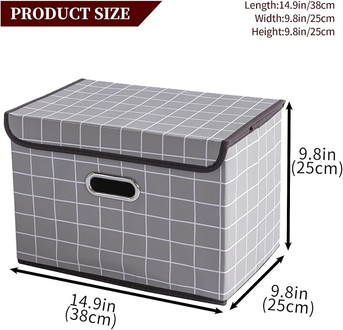 STOREONE Fabric Storage Cube Bins Foldable Organizer Container Collapsible Basket with Lids and Metal Handles, for Home, Bedroom, Closet 3 Pcs (Grey grid)