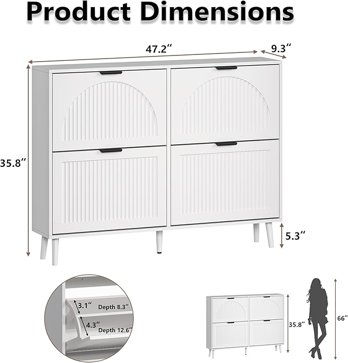 BORNOON Shoe Cabinet for Entryway with 4 Flip Drawers, Slim Wooden Shoe Storage Organizer with Modern Fluted Pannel，Freestanding Narrow Hidden Shoe Rack for Hallway, Foyer, Living Room