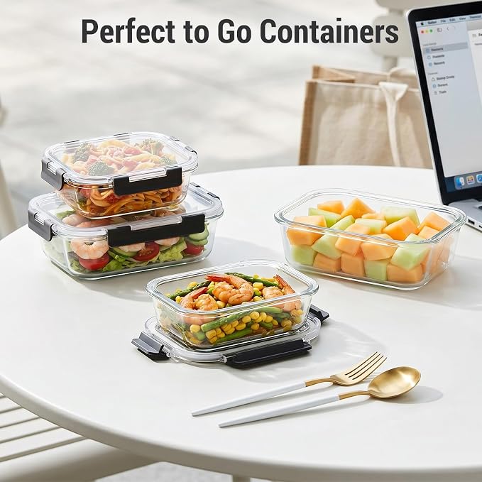 Dealusy 10 Sets (20-Piece) 36 oz & 12 oz Glass Food Storage Containers with lids, Airtight Leak-proof Glass Meal Prep Containers with Lids, Microwave Oven Freezer Dishwasher Safe, Black