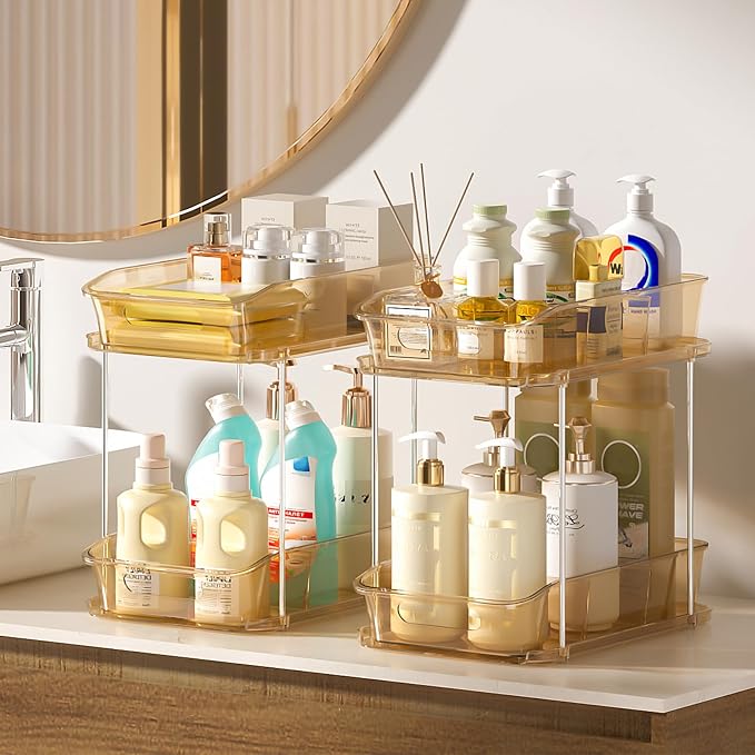 Delamu 2-Tier Under Sink Organizers and Storage, Multi-Purpose Stackable Bathroom Cabinet organizers, Pull Out Kitchen Pantry Organization and Storage with Dividers(4 Pack, Amber)