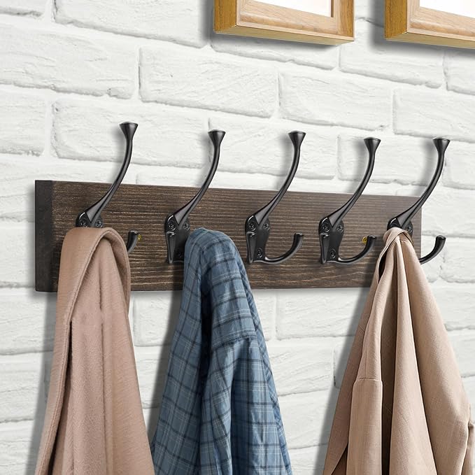 IBosins 2 Pack Vintage Coat Rack Wall Mount, 17" Long with 5 Tri-Hooks | Wall-Mounted Rustic Wood & Metal Coat Hook Rail for Entryway, Living Room, Coat, Jacket, Scarf, Bag, Towel, Hat