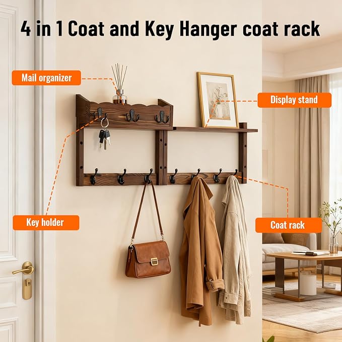 28" Coat Rack Wall Mount with Shelf with 7 Hooks 3 Key Hanger | Entryway Key Holder Wall Mount Wood Wall Coat Hooks, Wall Mounted Coat Rack Mail Holder for Living Room, Bedroom