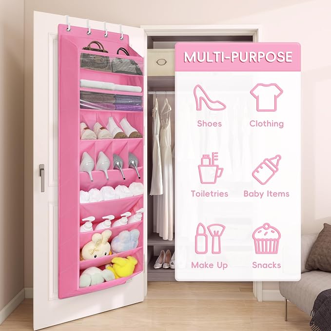 FENTEC 1 Pack 8 Shelves Over The Door Shoe Organizer,68" Exlarge Deep Pockets Hanging Shoe Organizers, Shoe Rack for Closet, Shoe Holder for Boots,Over Door Organizer in Home, RV, Dorm, Pink