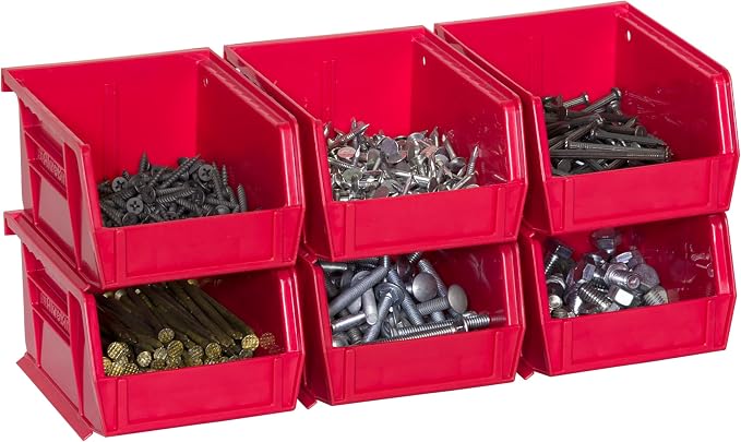 Akro-Mils 30210 AkroBins Plastic Storage Bins, Space-Saving Stackable Bins for Garage, Pantry, Craft Organization, 5" x 4" x 3", Red, 6-Pack