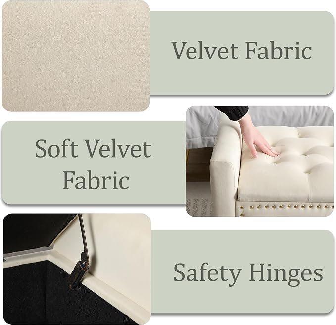 47in Velvet Storage Ottoman Bench with Arms, Upholstered Storage Bench with Wooden Legs, Storage Bench for Bedroom, Living Room, Beige