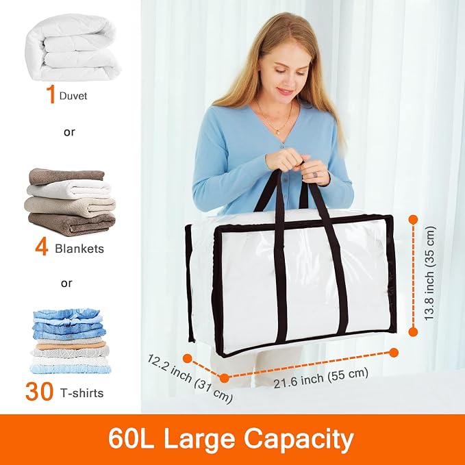 3 Pack Clear Clothes Storage Bags with Zipper 60L | Plastic Storage Bag, Foldable Closet Organizer, For Comforter Blanket Bedding Duvet Toys, Moving Bags